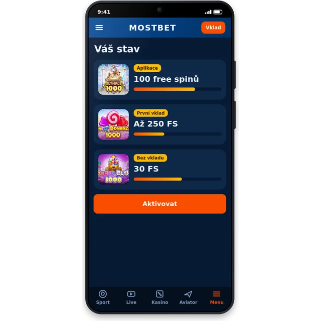 Free spiny v aplikaci Mostbet na obrazovce telefonu
